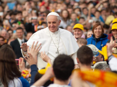 Rome, Italy - April 04: His Holiness Pope Francis I greets prayers gathered before St Peter' Basilica in Vatican City, on April 04, 2013 — Photo by Xantana