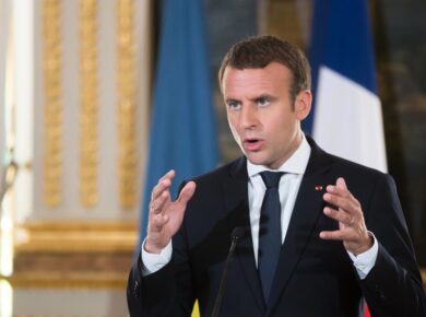 PARIS, FRANCE - Jun 26, 2017: French President Emmanuel Macron during a joint press conference with Ukrainian President Petro Poroshenko at the Elysee Palace in Paris — Photo by palinchak