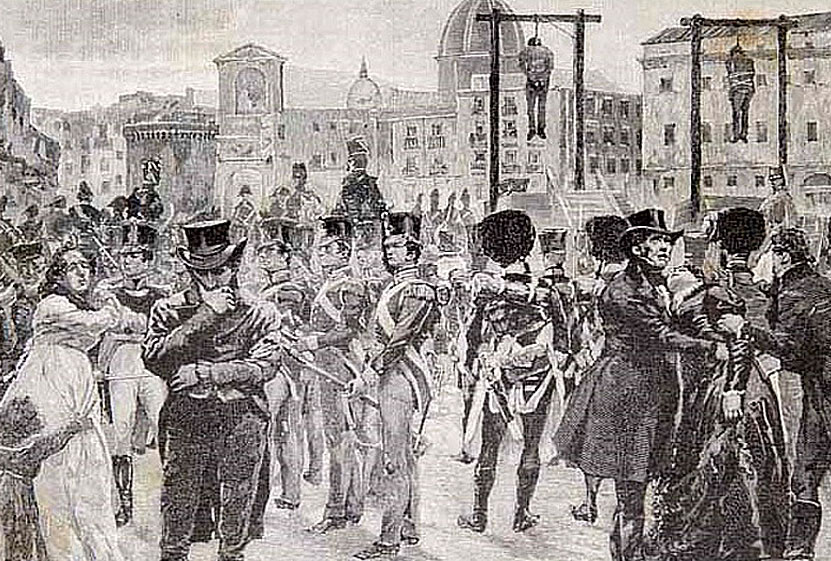 Napoli, 12 settembre 1822. Giuseppe Silvati e Michele Morelli vengono impiccati in seguito alla repressione dei moti carbonari napoletani, illustrazione di Edoardo Matania @wikipedia