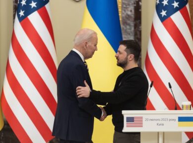 Kyiv, Ukraine February 20, 2023 U.S. President Joe Biden and Ukraine's President Volodymyr Zelenskiy attend a joint news briefing, amid Russia's attack on Ukraine. Kyiv, Ukraine February 20, 2023